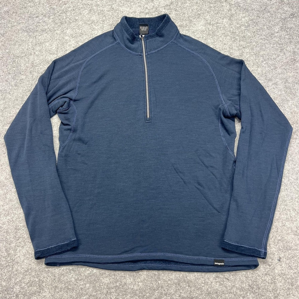 Patagonia Shirt Mens Large Blue Merino Wool 1/4 Zip Baselayer Hiking Made USA